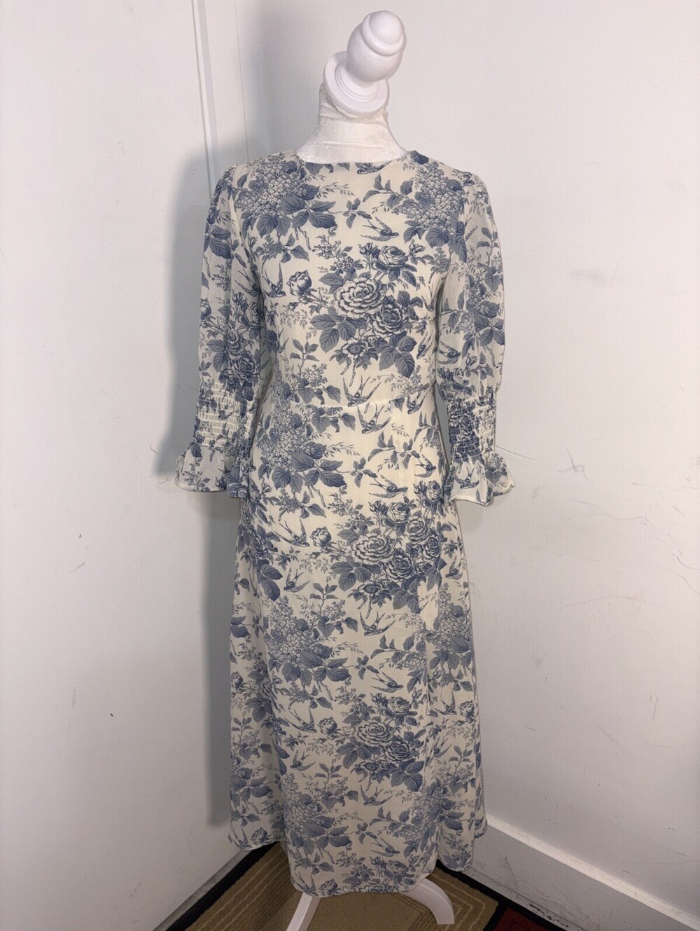 Colorena Midi Dress Blue Sunday Up Smocking Slit Blue Cream XS